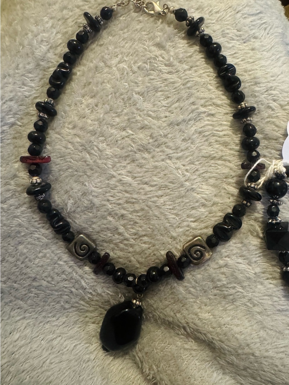Handcrafted Black Bead Necklace with Black Teardrop Pendant and matching bracele